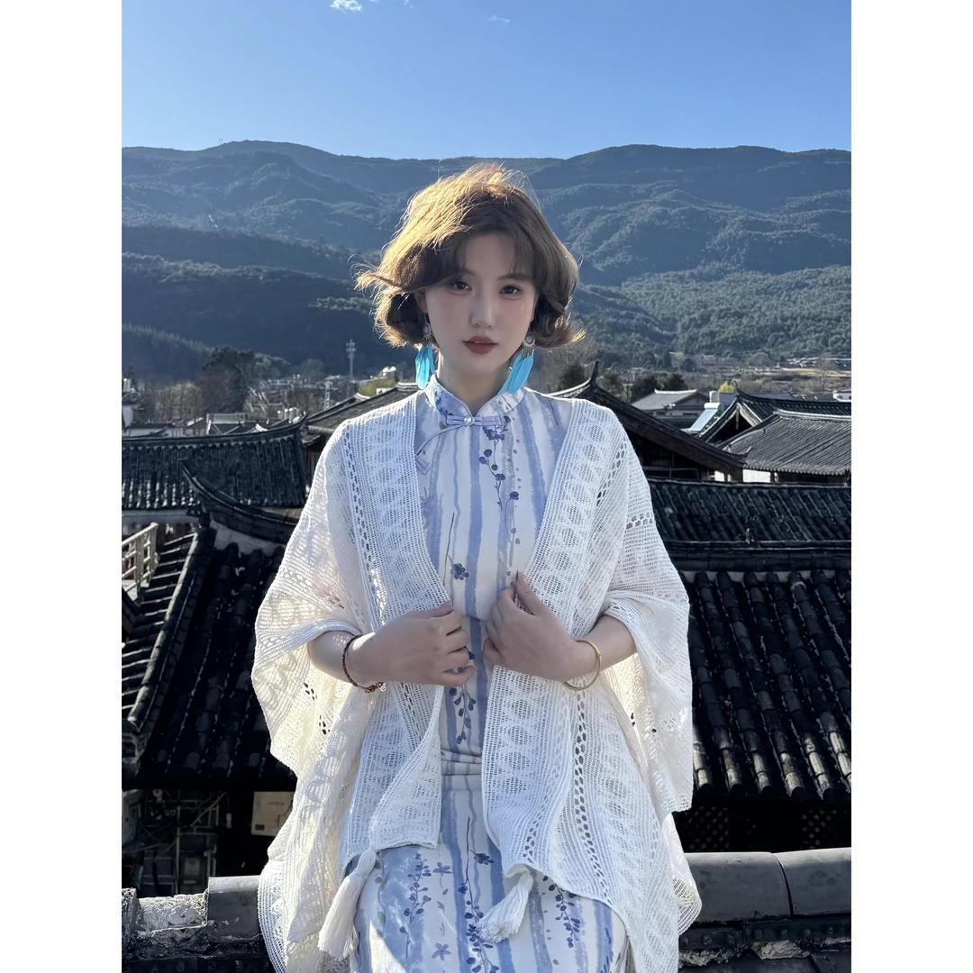蕾英俊-落葵-民族风披肩针织披风汉服旗袍外搭蕾丝罩衫JF5320