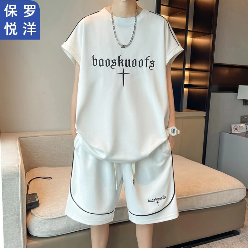 保罗悦洋夏季男士冰丝薄款无袖套装T恤短裤二件套宽松运动休闲衣
