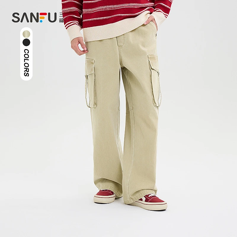 三福2025春季男士洗褪工装裤 休闲运动风阔版橡筋腰长裤496752