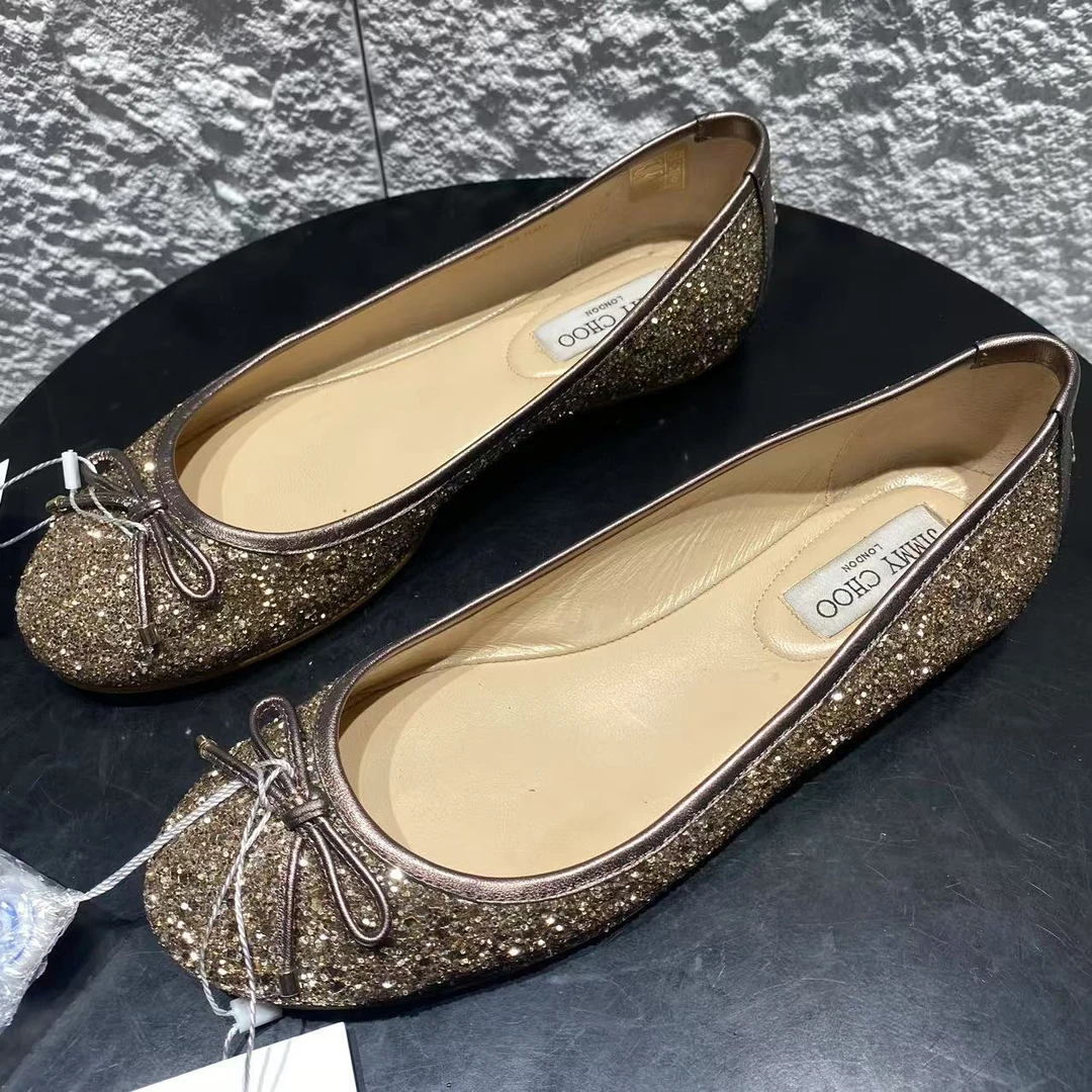 99新 JIMMY CHOO/吉米周 37.5码/香槟金亮片蝴蝶结平底单鞋wsp256