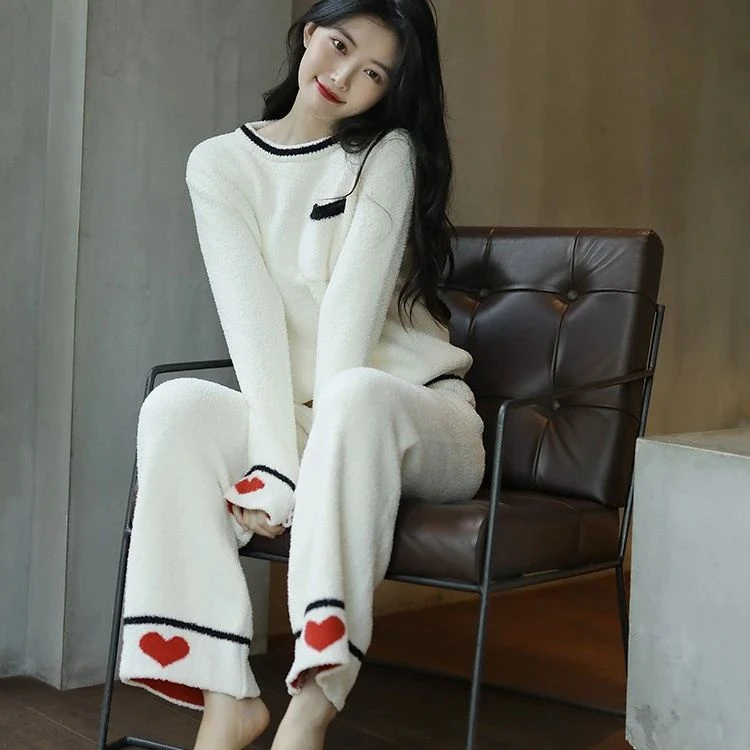睡衣女士秋冬套装爱心珊瑚绒加厚长袖保暖可爱可外穿春秋季居家服