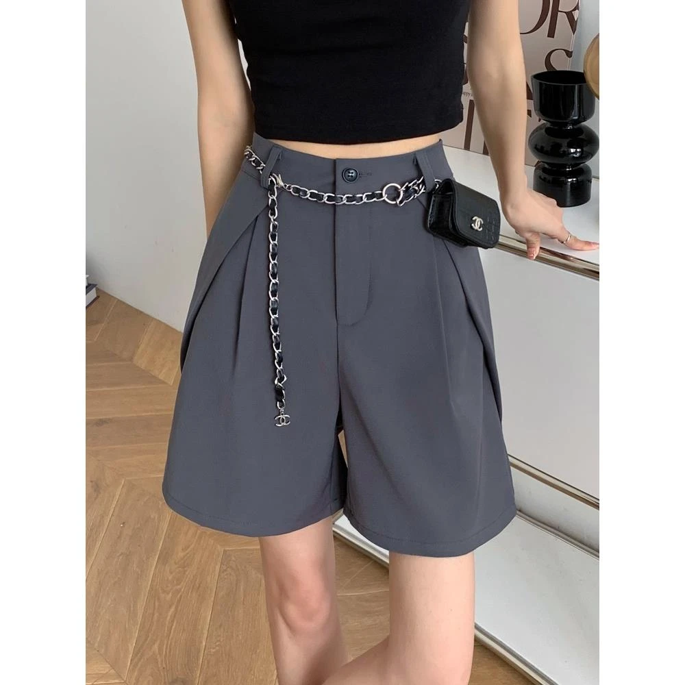 夏季高腰a字西装短裤女大码胖mm微胖小众休闲百搭中裤直筒五分裤