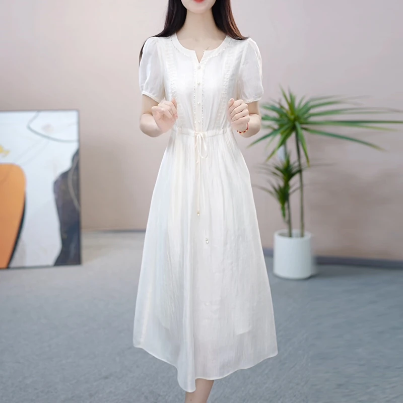 法式高档系带收腰连衣裙2025夏季新款洋气减龄修身显瘦中长款裙子