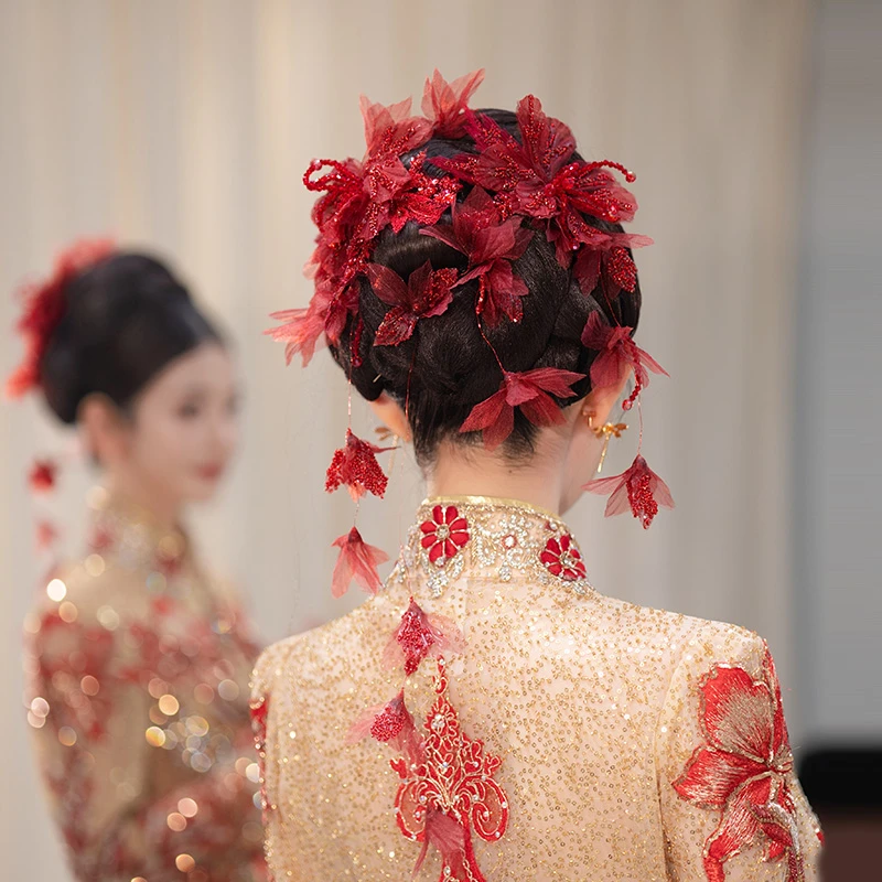 合金布艺婚庆饰品 国风新娘红色流苏花朵新中式秀禾敬酒头饰G0261