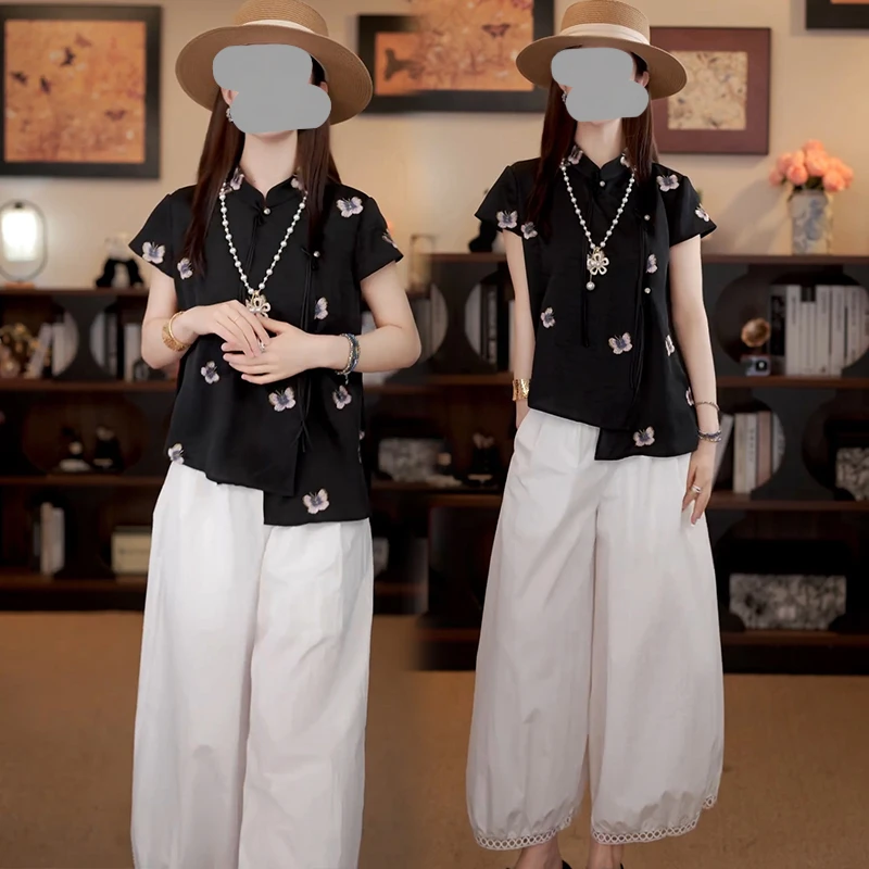 新中式女2025新款超好看印花蝴蝶上衣夏季松紧腰镂空灯笼裤套装潮