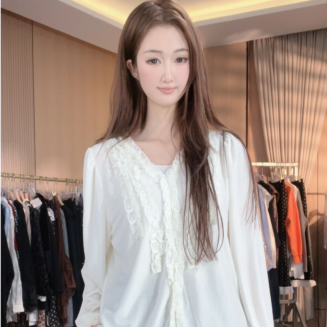 铂屋馆B57001长袖冬季衬衫衬衣木耳边外套小衫拼接V领雪纺衫显瘦