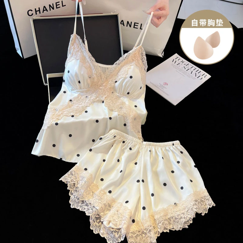 冰丝睡衣女款2025新款夏季性感纯欲蕾丝带胸垫吊带短裤家居服套装