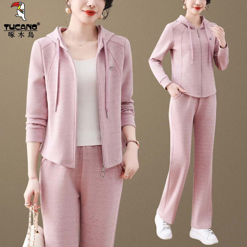 啄木鸟运动套装女纯色休闲妈妈装帽卫衣2025春秋减龄显瘦两件套