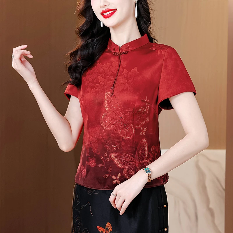 花罗香云纱真丝上衣女新中式修身大码桑蚕丝妈妈小衫新款2025