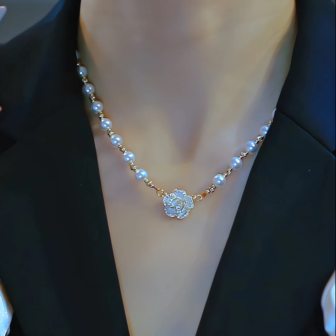 钛钢仿珍珠项链仿珍珠项链【珠珠山茶花】新轻奢小众项链女