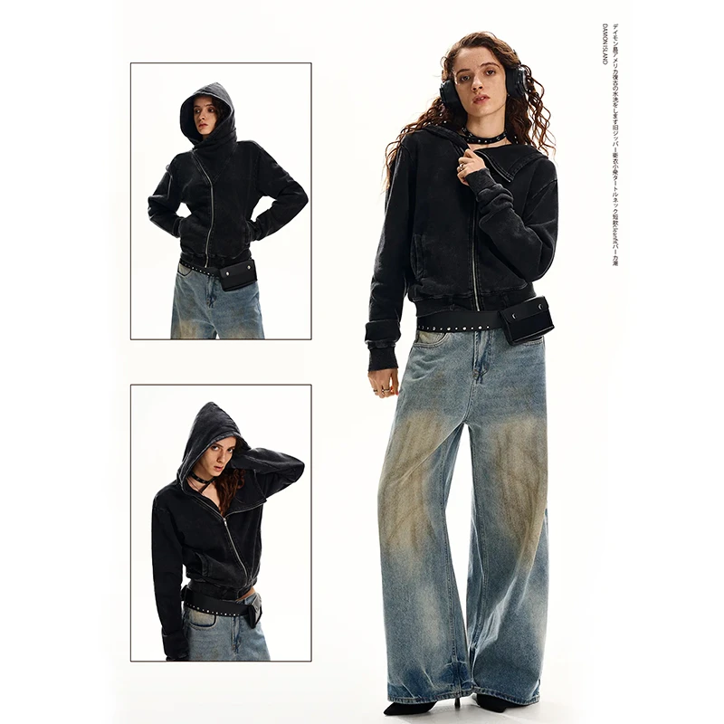 达蒙岛美式复古水洗做旧拉链卫衣小众高领短款cleanfit连帽外套潮