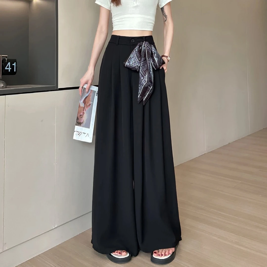 1送丝巾）慵懒风西装宽松垂感阔腿裤女早秋新款休闲裤丝巾绑带设计