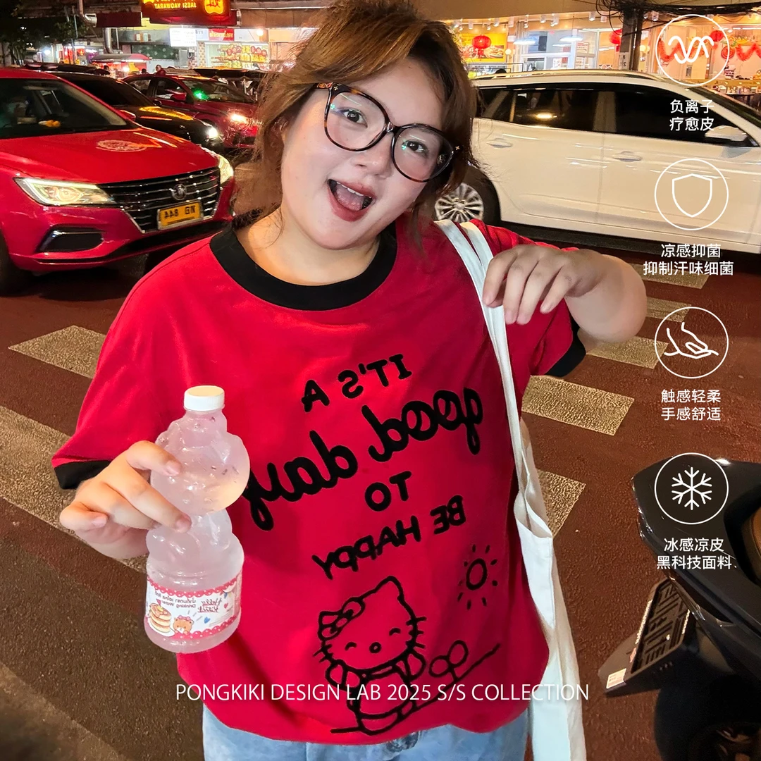 老章和小胖PONGKIKI植绒小猫好运T恤女大码短袖宽松显瘦体恤上衣