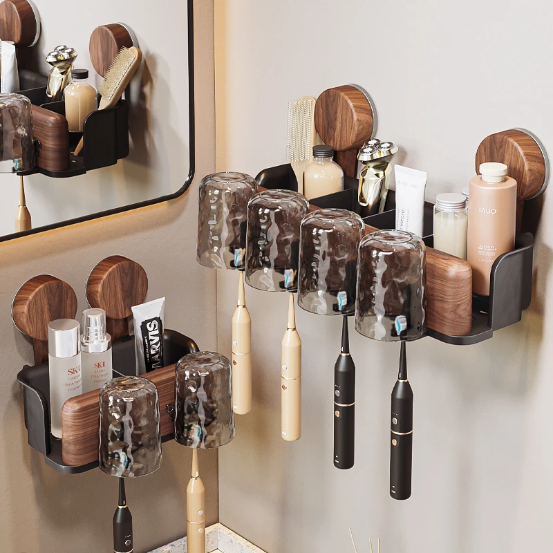 吸盘牙刷置物架壁挂式免打孔漱口杯卫生间牙膏牙杯电动牙刷挂架子