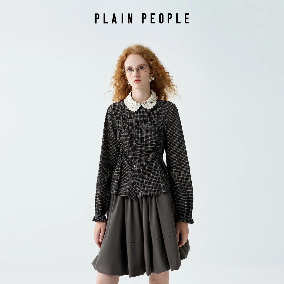 PLAIN PEOPLE复古学院格纹蕾丝拼接翻领衬衫上衣女25秋季新款