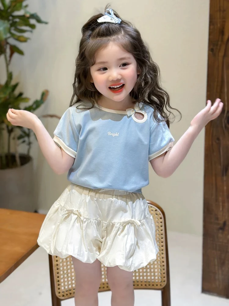 女童套装夏装2025新款洋气时髦儿童宝宝夏季短袖t恤花苞裤两件套