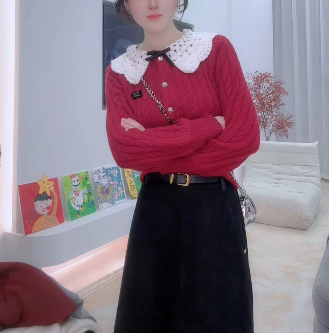 E'VAN【圣诞】荷叶边圣诞红内搭气质长袖时尚针织衫-不能机洗