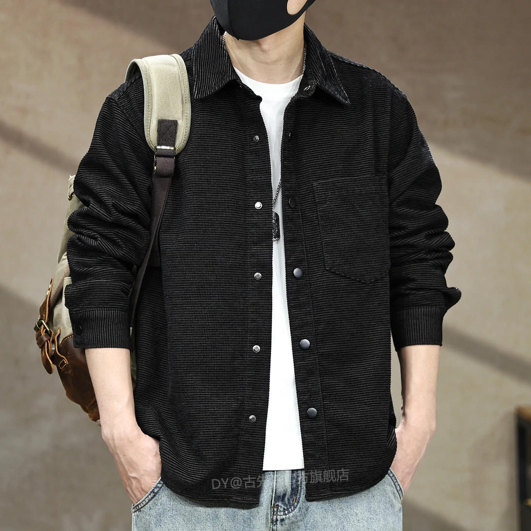 美式高端雪尼尔提花条纹衬衫男长袖秋季新款宽松复古翻领衬衣外套