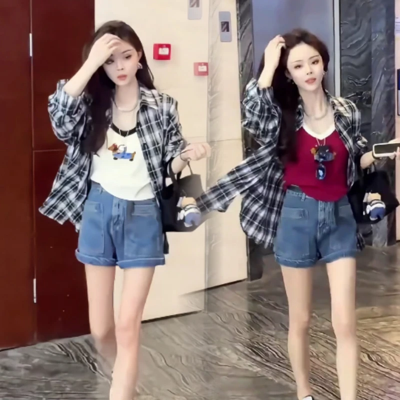 宽松通勤宽松轻职风衬衫+腊肠小狗V领吊带背心百搭中高腰牛仔短裤