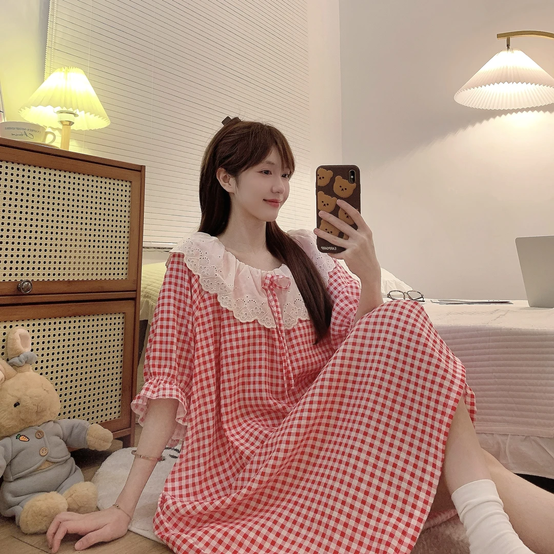 夏季带胸垫睡裙女短袖中长款连衣裙甜美韩版大码家居服睡衣可外穿