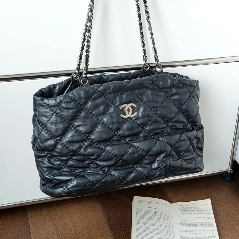 95新 Chanel/香奈儿 Azul-黑银牛皮粗外缝线托特包51855