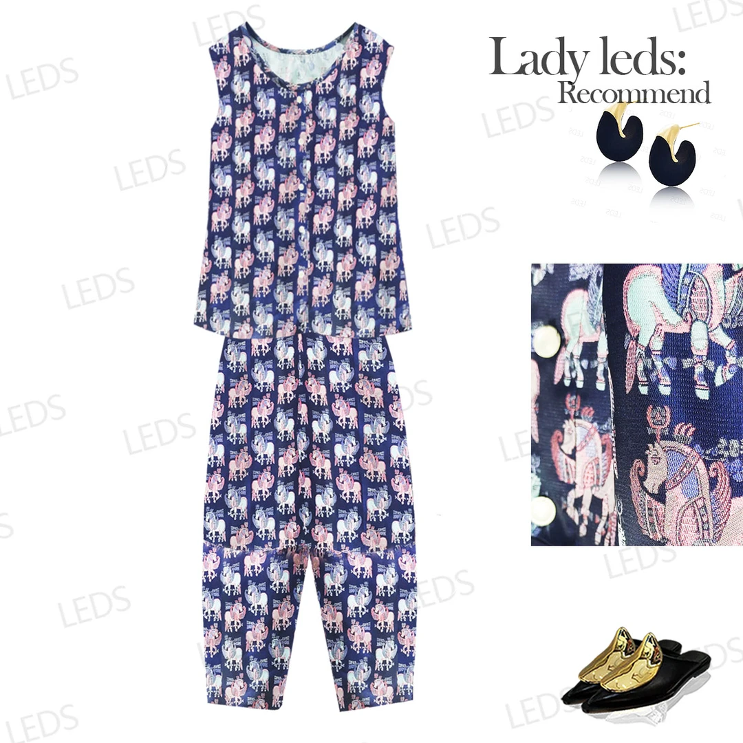 LEDS S681透气夏季小飞马碎花无袖薄款前后两穿时尚套装