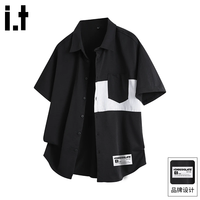 it :CHOCOOLATE黑色高级感痞帅短袖衬衫男夏季宽松休闲拼接薄外套