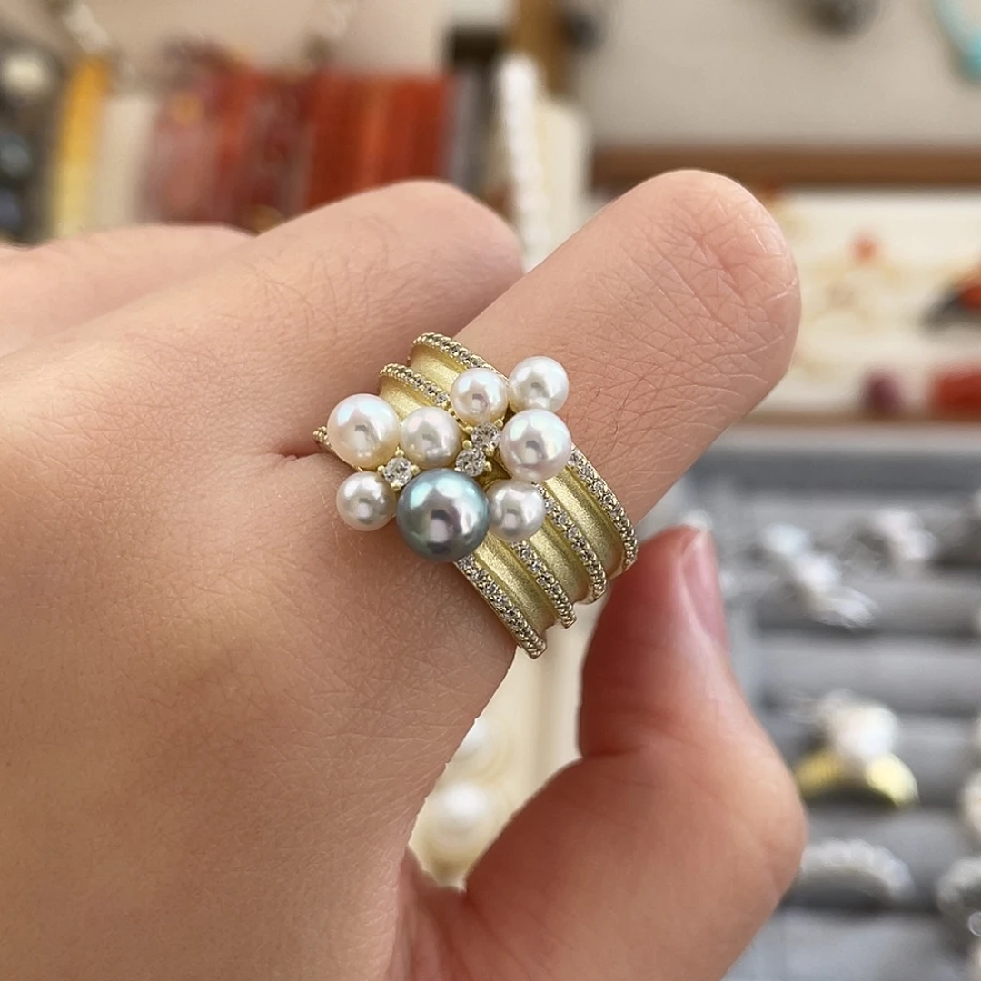 戒指淡水珍珠银S925镶嵌3-4mm淡水ak小米珠戒指