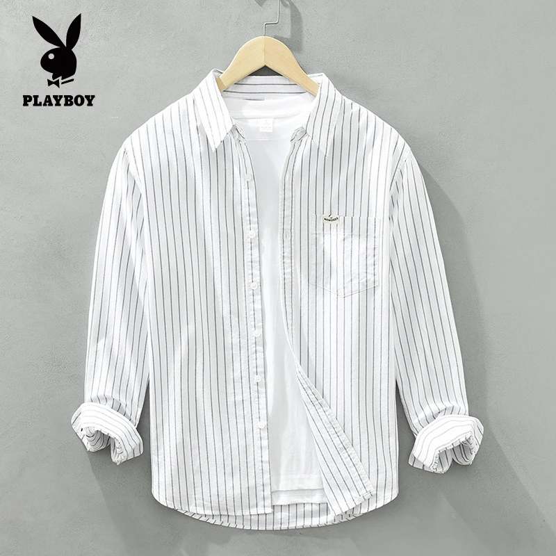 花花公子竖条纹牛津纺长袖衬衫男春秋新款休闲纯棉衬衣百搭衬衫