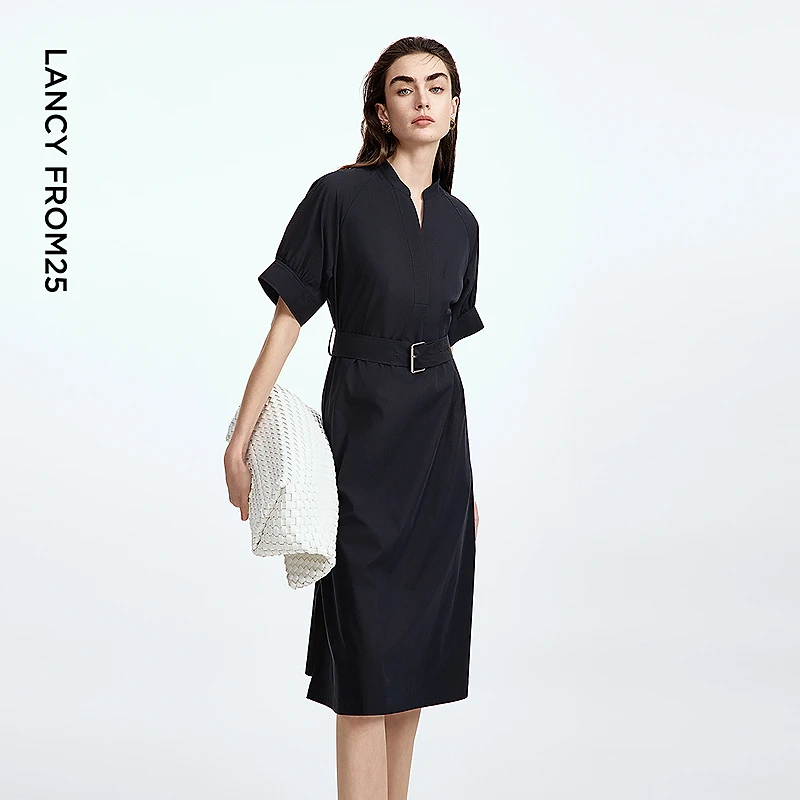 朗姿v领收腰灯笼袖高级感气质通勤衬衫长款连衣裙2025年秋季新款