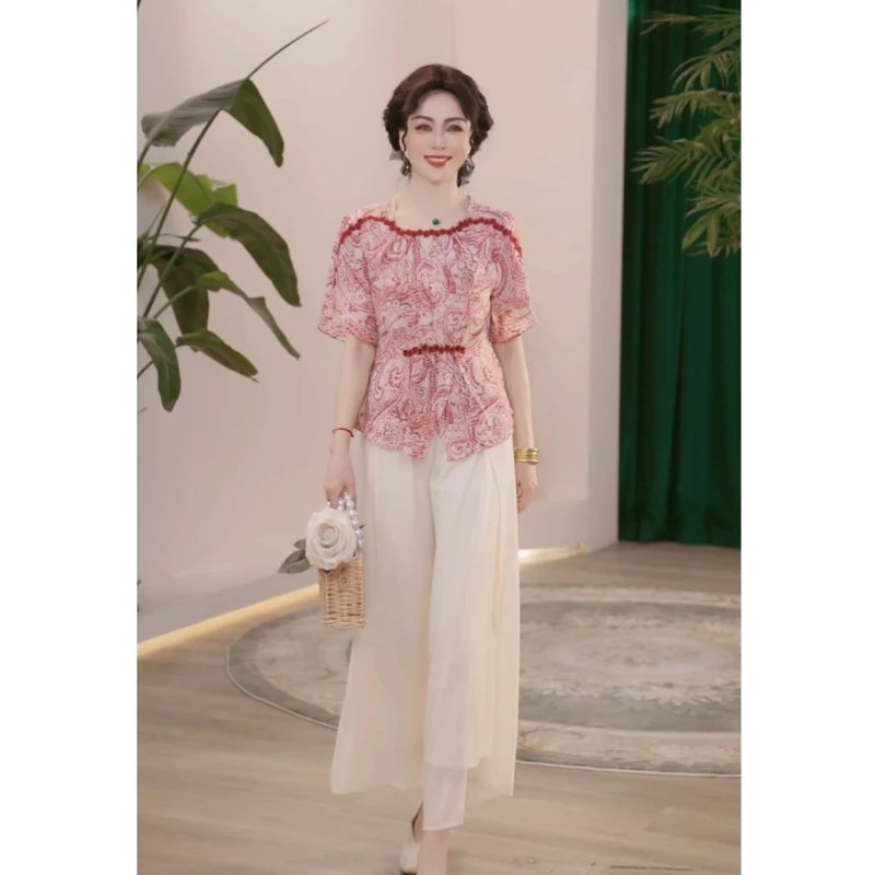 妈妈装夏装薄款时尚两件套气质中老年女装中年洋气小衫上衣套装