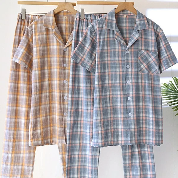 夏季睡衣男短袖长裤套装纯棉双层纱布2025新款宽松大码格子家居服