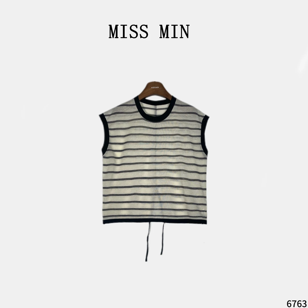 MISS MIN【素纹】拼色条纹圆领针织T恤女洋气小飞袖短上衣显瘦6763