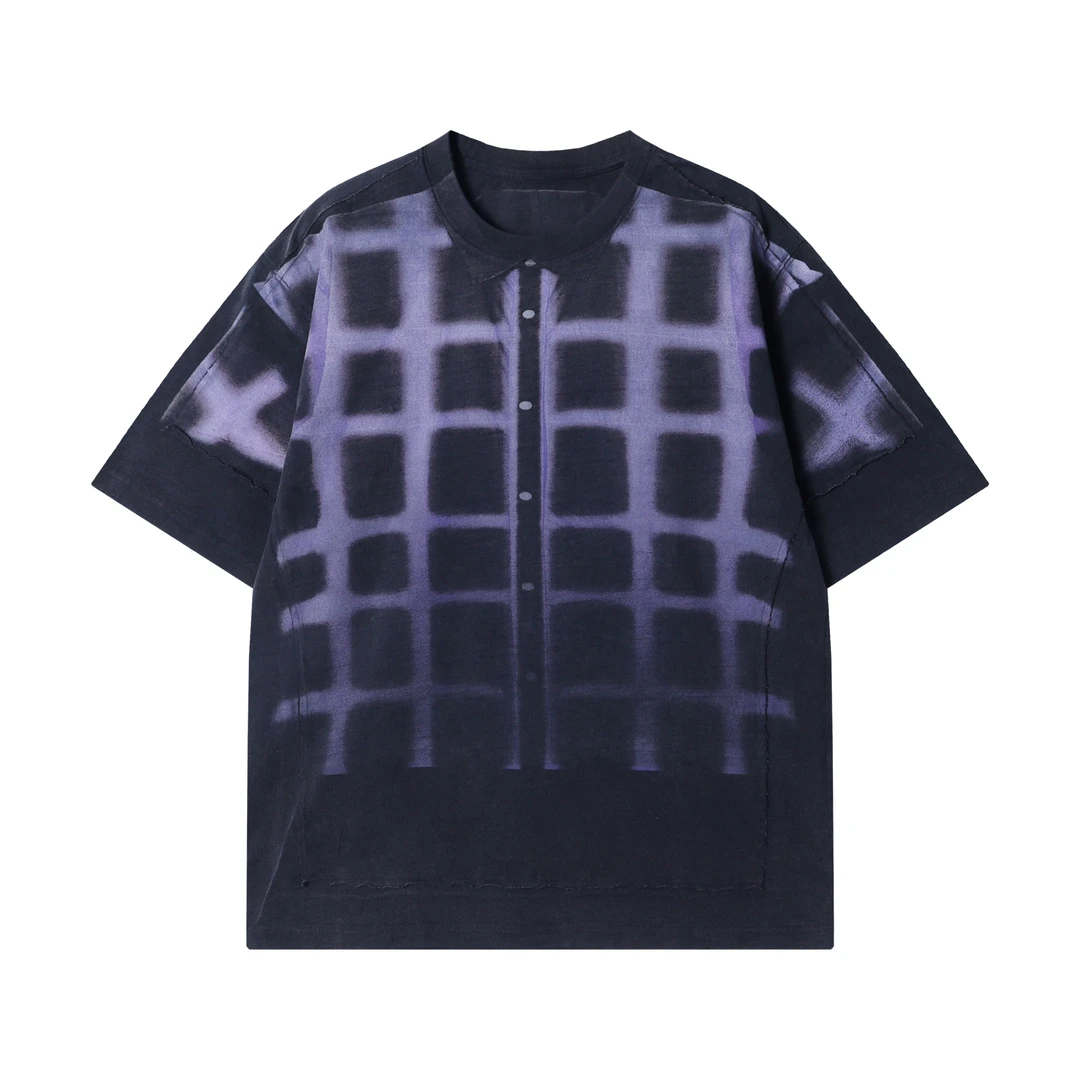 夏季新款时尚个性宽松休闲渐变格纹印花小众设计感短袖圆领上衣