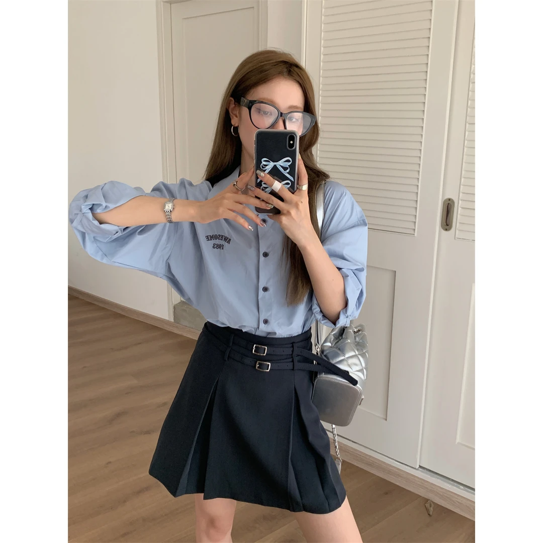 小个子娃娃领长袖衬衫高腰百褶A字半身裙2025秋季新款时尚套装女