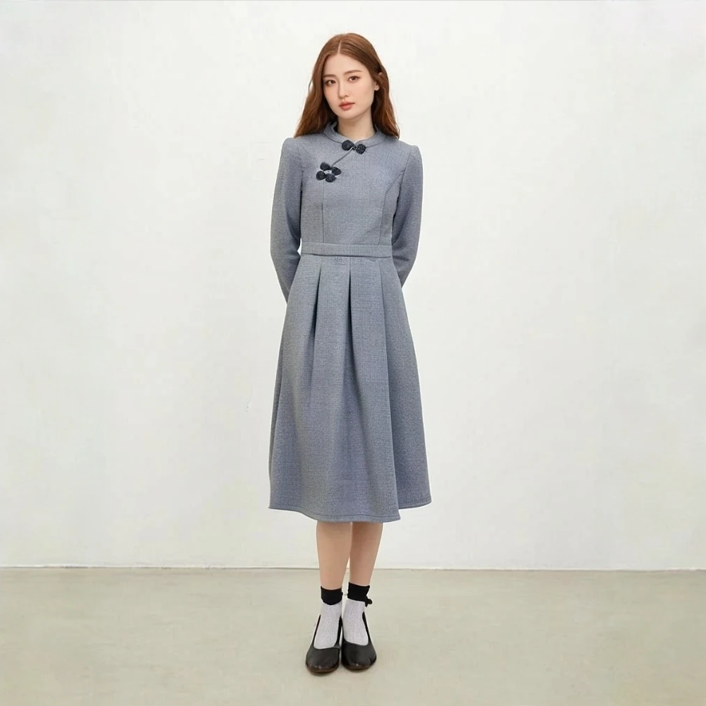 【F929】旗袍连衣裙女春秋冬气质打底配大衣的复古中国民国风长裙