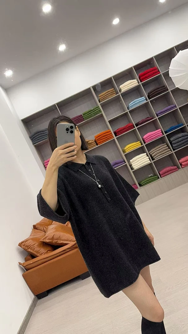 羊绒短袖中长款宽松型POLO衫复古设计师网红重工半袖