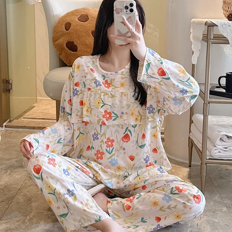 防凸点棉绸睡衣女春秋长袖夏薄款绵绸妈妈家居服人造棉套装小个子