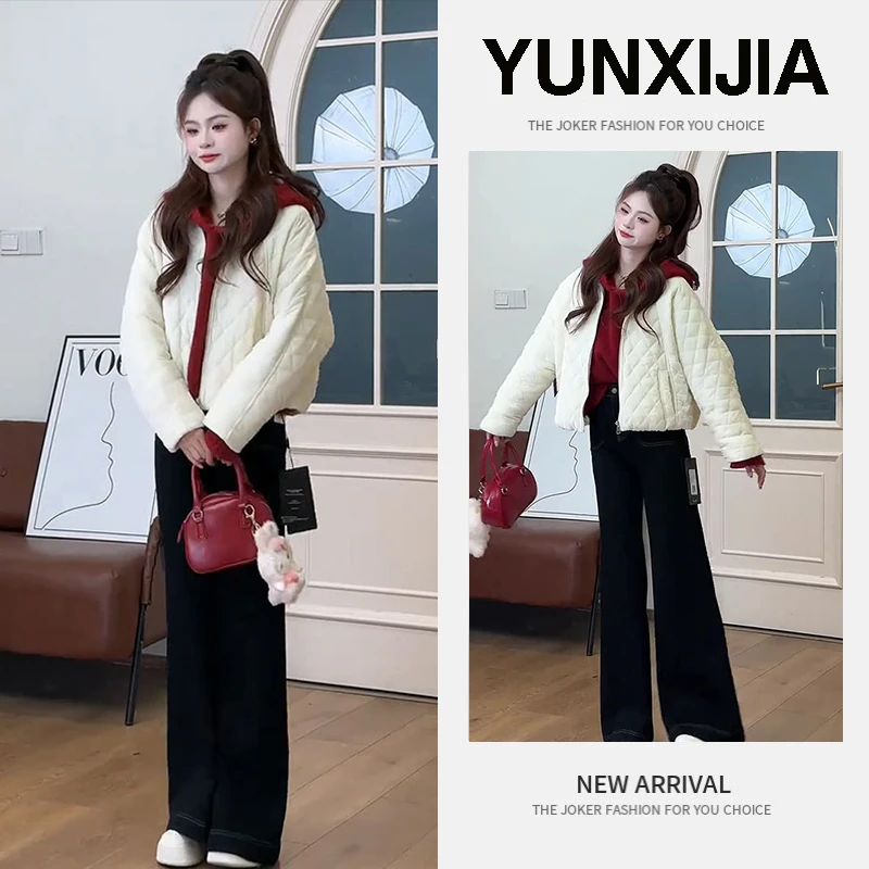 流行时尚女装2025年秋冬时髦减龄菱形格棉衣棉服外套阔腿裤三件套