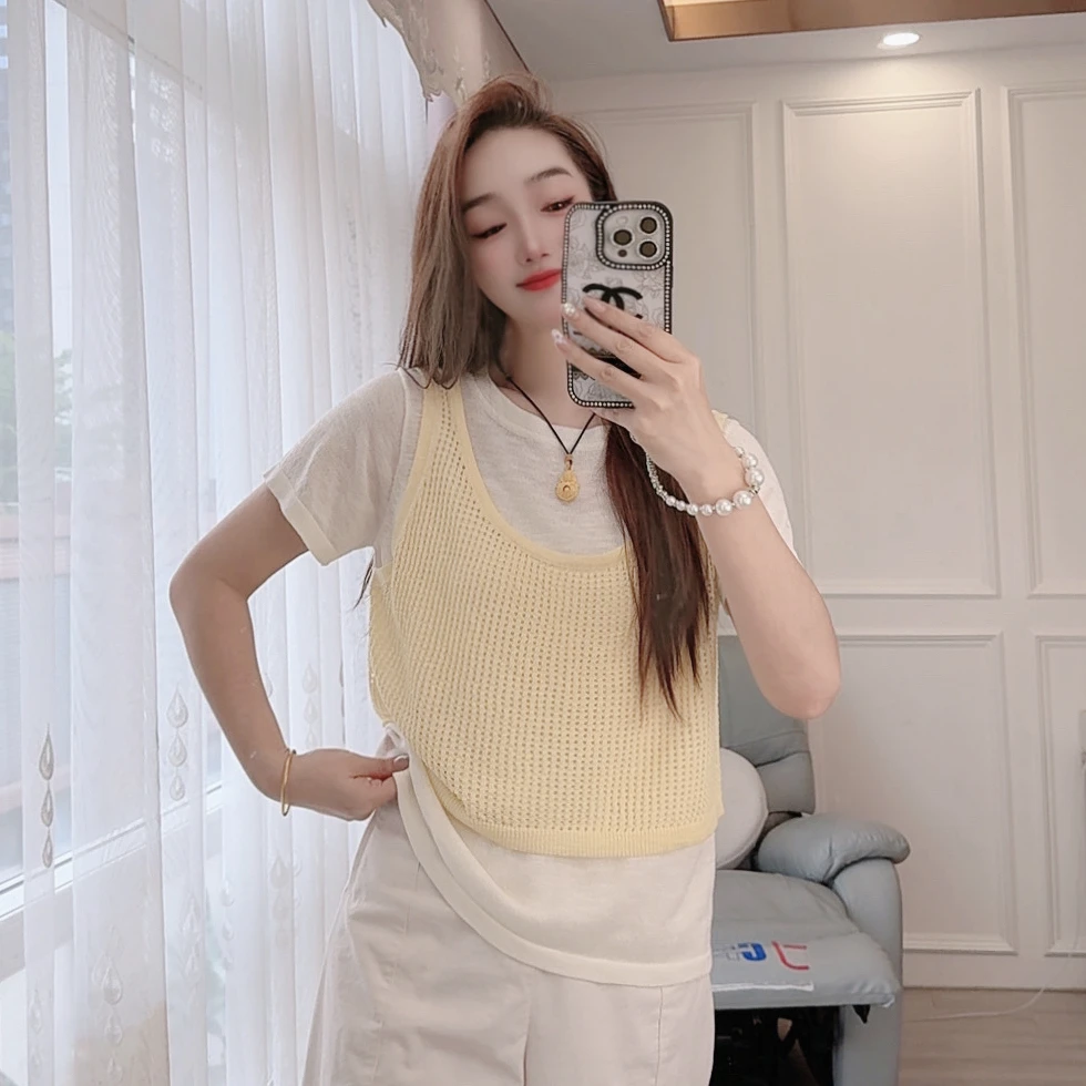 2580现货夏季针织衫套头短袖宽松女装镂空背心假两件显瘦时尚上衣