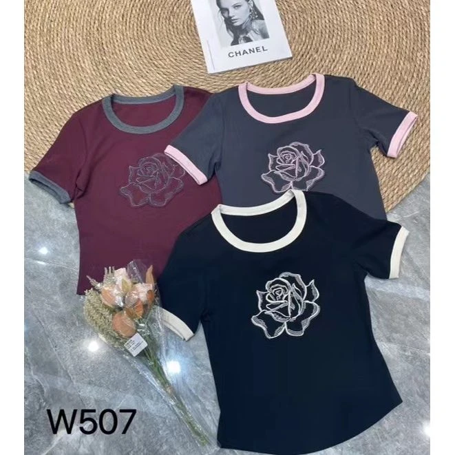 KIKI严选：W507-6688家欧洲站南油秋季新款玫瑰花涂鸦短袖T恤