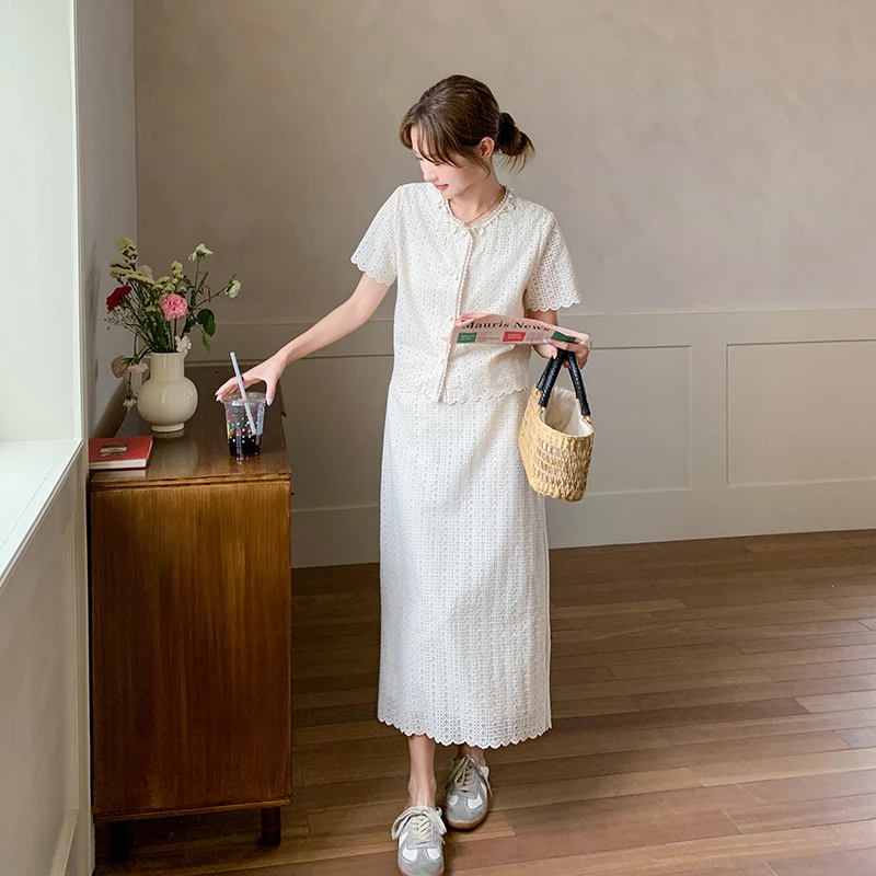 小香风蕾丝套装裙女2025夏季气质泡泡袖镂空衬衫上衣高腰半身裙