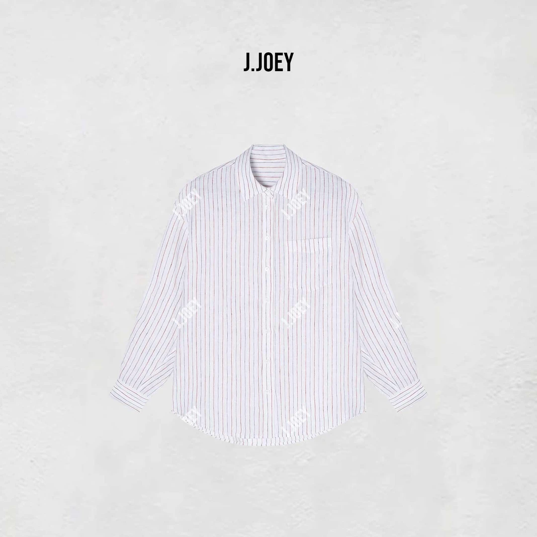 J.JOEY "100亚麻"25春季新款翻领时尚简约白色条纹衬衫 0896