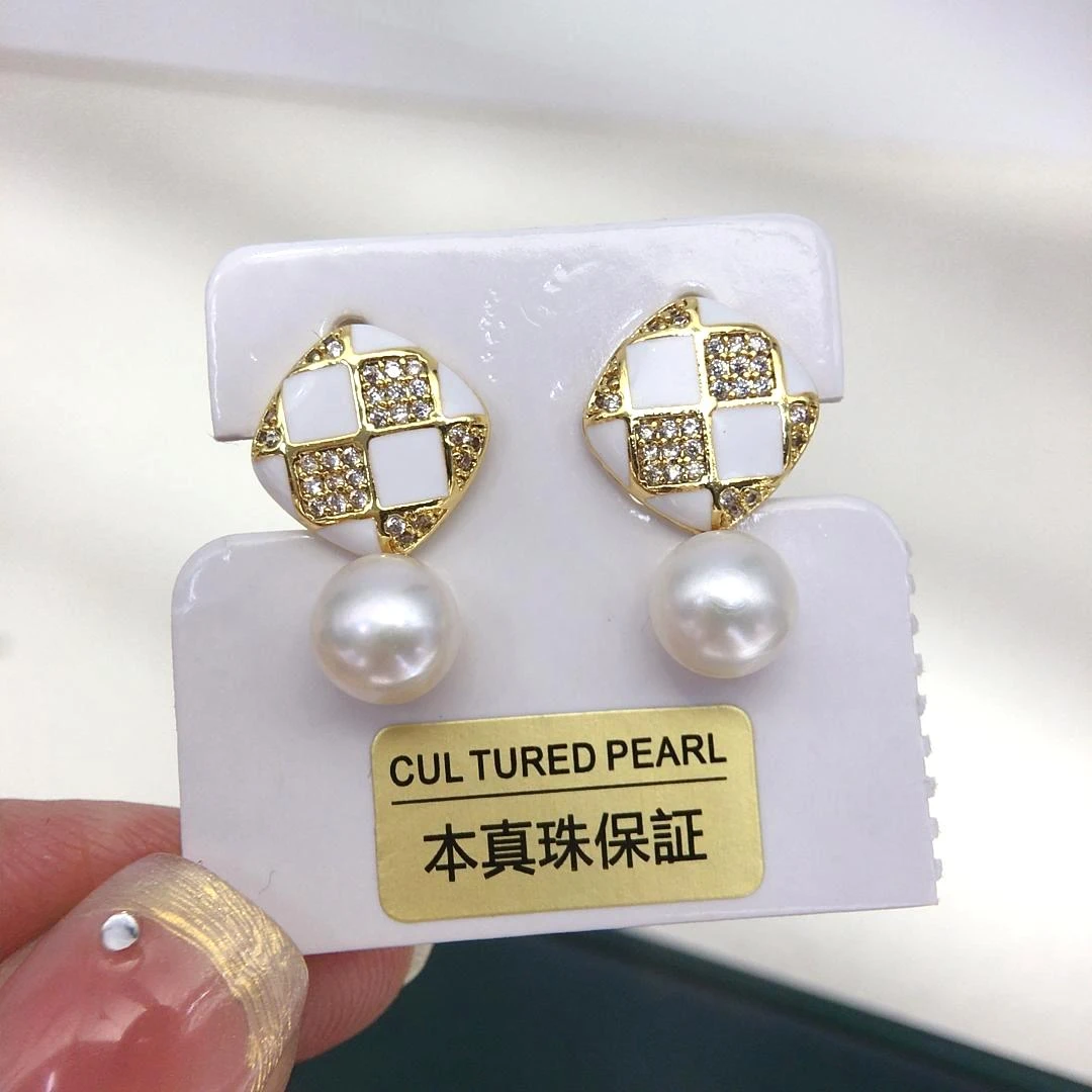诸暨天然淡水珍珠耳钉女设计款复古港风棋盘格珍珠耳环耳饰