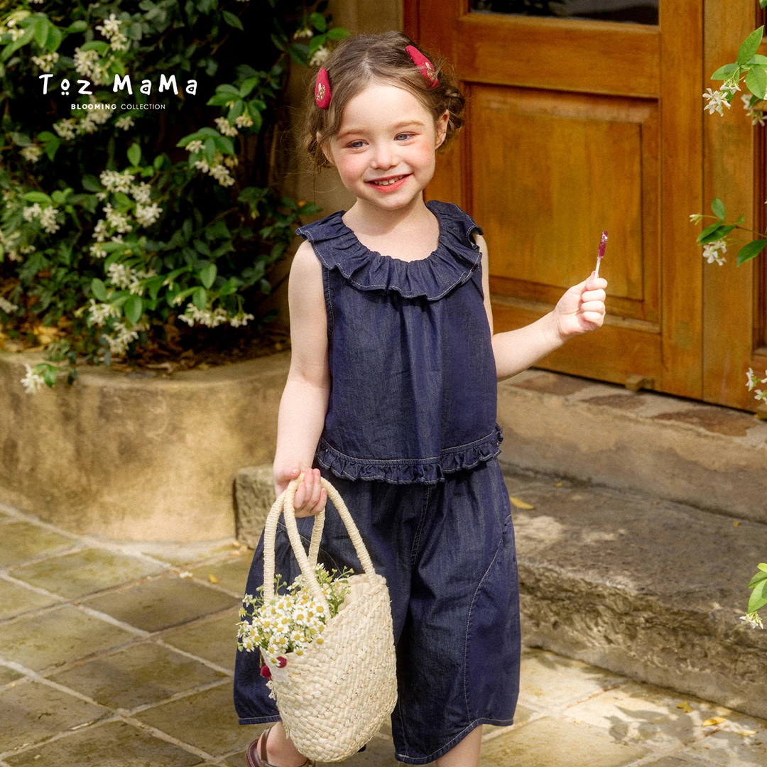 TozGirls豆几妈5/16夏季儿童牛仔无袖小衫花苞洋气韩版阔腿裤套装