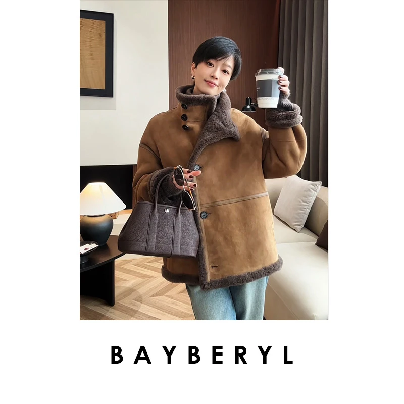 领券FF-BAYBERYL老贝冬日牧场*立领拼接单排扣冬一体皮衣PY5I1344