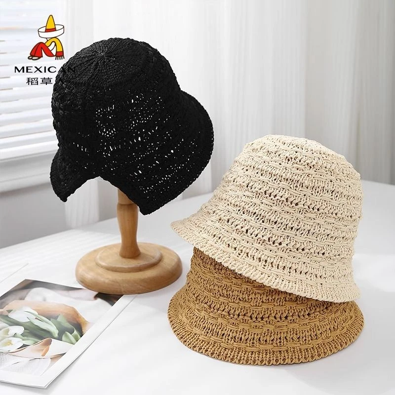 Mexican/稻草人渔夫帽女后开叉水桶帽子镂空编织透气防晒盆帽遮阳