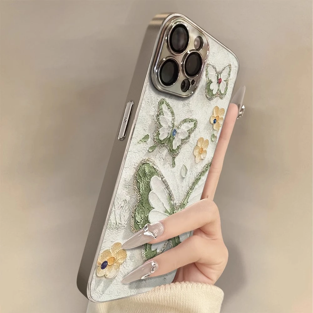 油画蝴蝶适用苹果16promax手机壳春夏新女款iPhone15pro支架14p女