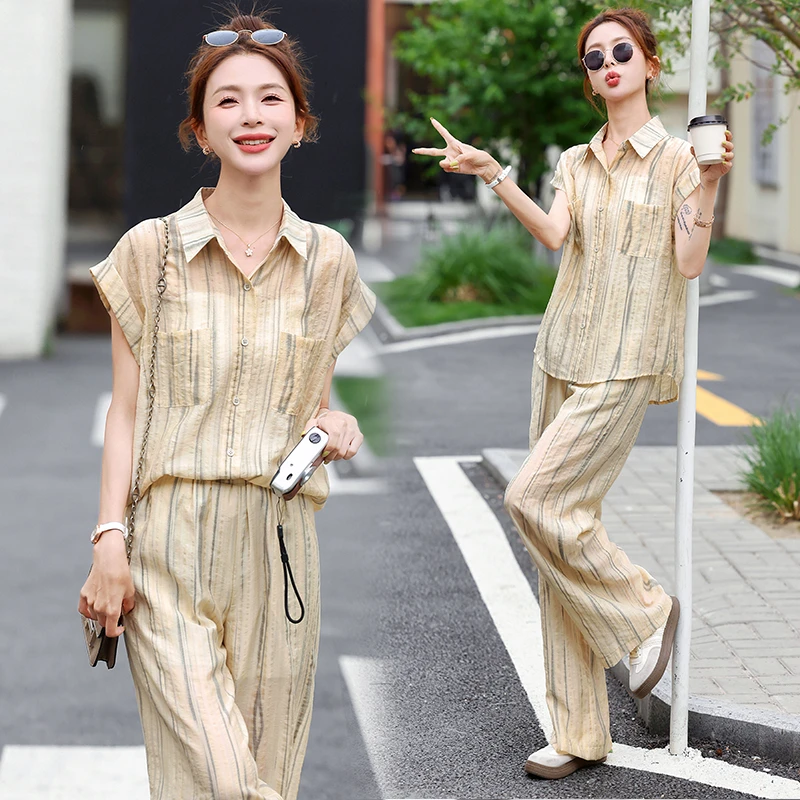 2025夏季新款气质显瘦休闲短袖小衫气质高级感薄款阔腿裤两件套装