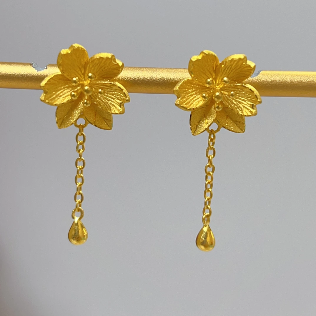 足金 古典优雅国风吉祥花流苏耳钉